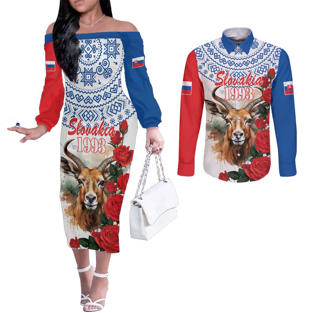 Slovakia Restoration Day 1993 Couples Matching Off The Shoulder Long Sleeve Dress and Long Sleeve Button Shirt Tatra Chamois With Red Rose