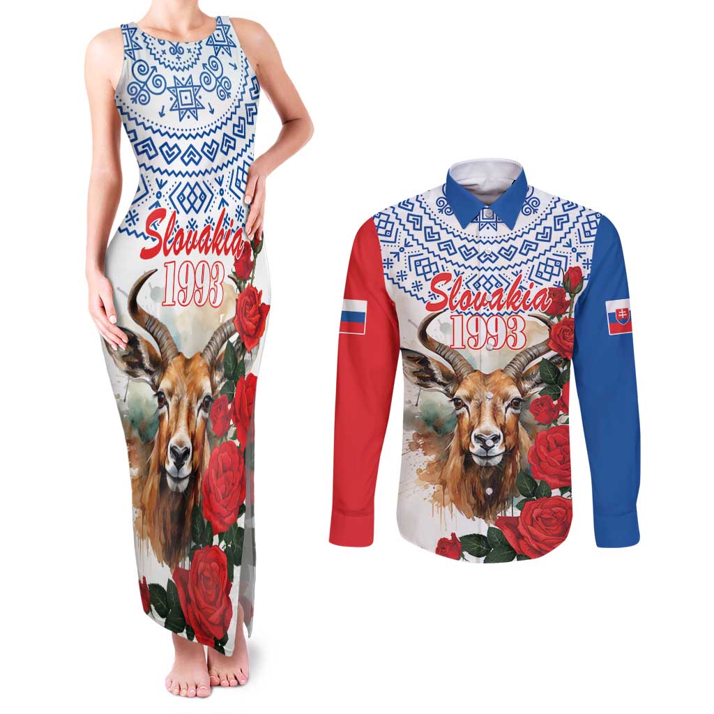 Slovakia Restoration Day 1993 Couples Matching Tank Maxi Dress and Long Sleeve Button Shirt Tatra Chamois With Red Rose - Wonder Print Shop