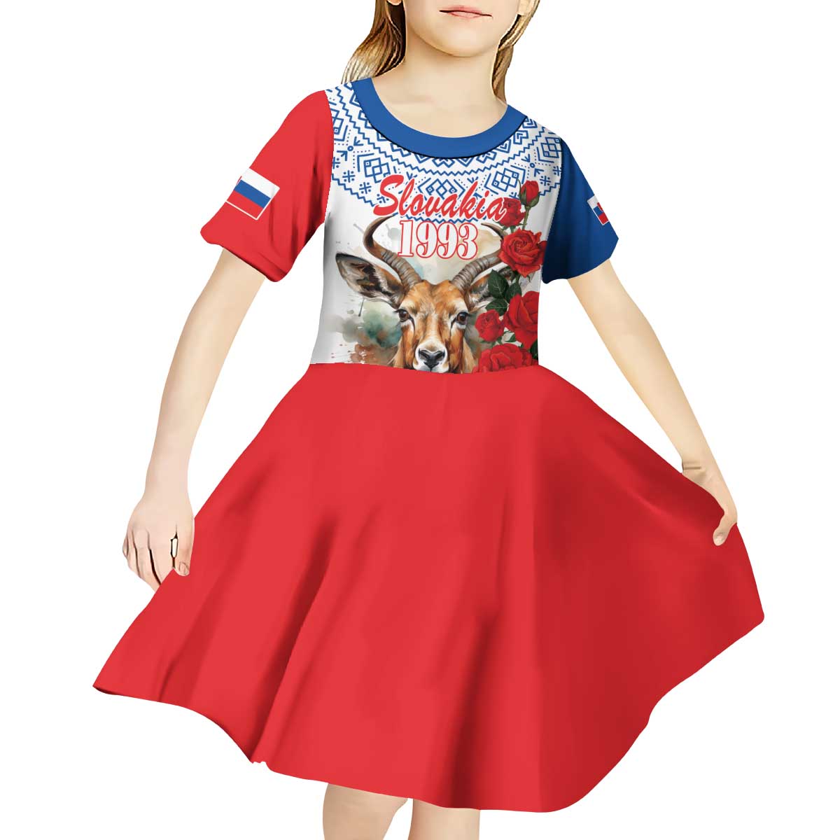Slovakia Restoration Day 1993 Kid Short Sleeve Dress Tatra Chamois With Red Rose - Wonder Print Shop