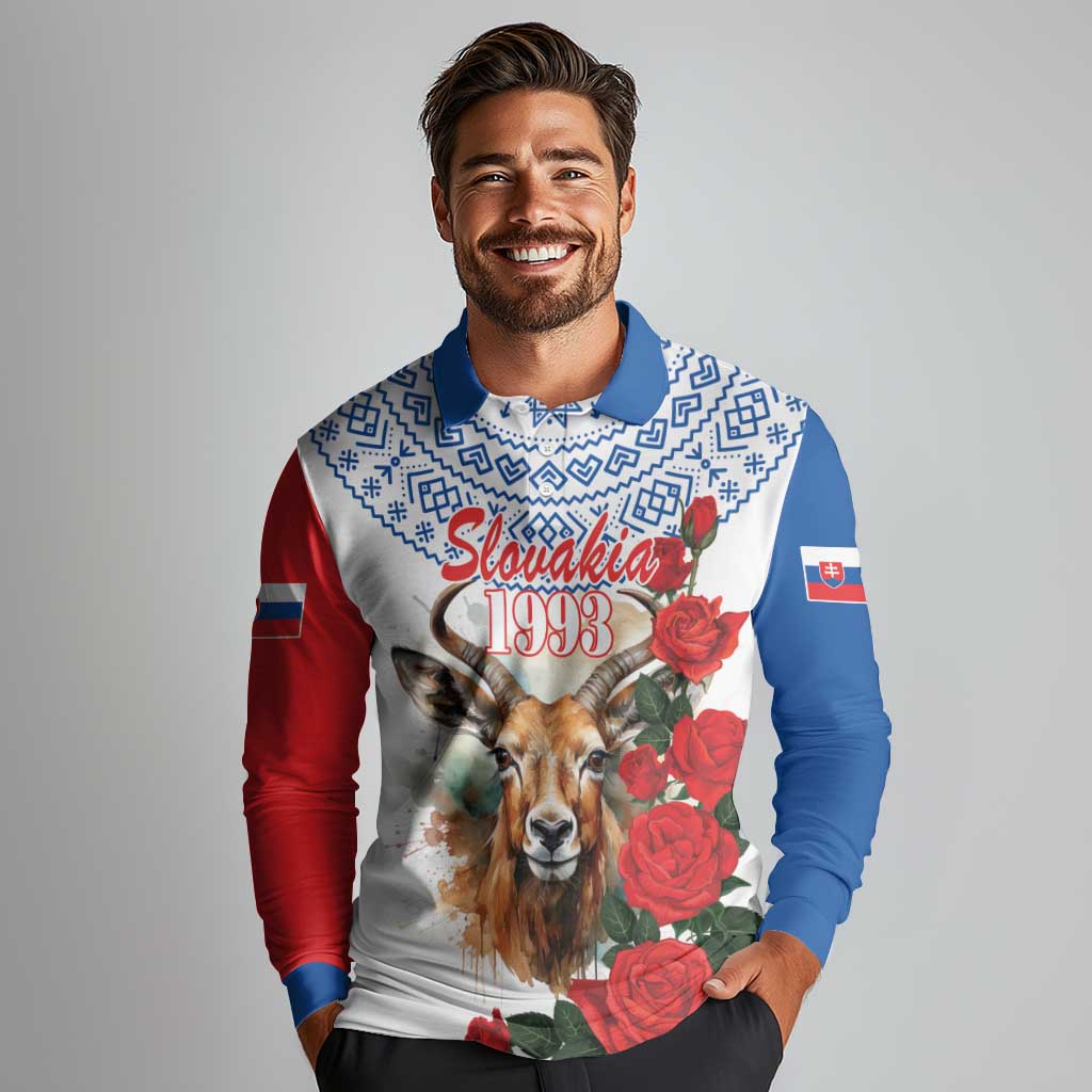 Slovakia Restoration Day 1993 Long Sleeve Polo Shirt Tatra Chamois With Red Rose - Wonder Print Shop
