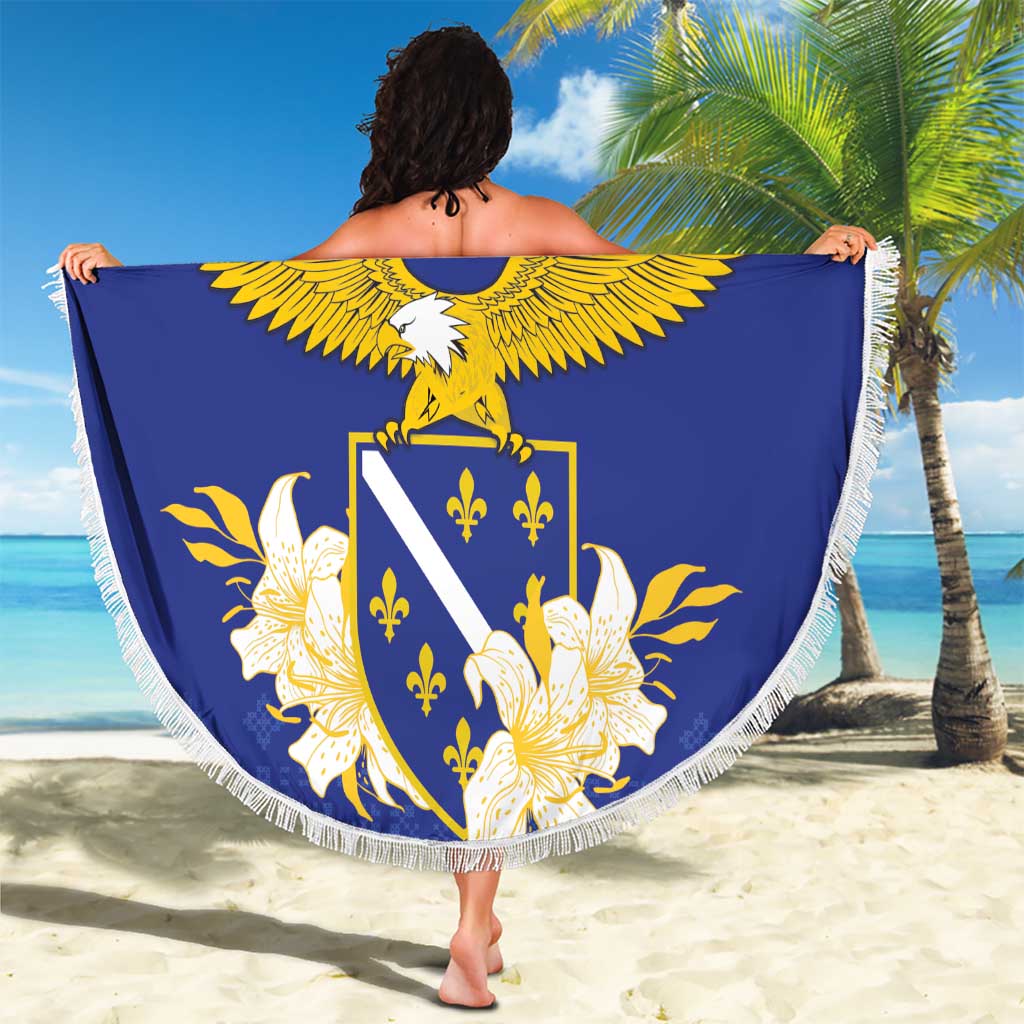 Personalized Bosnia and Herzegovina Independence Day Beach Blanket Golden Eagle With Lilium Bosniacum
