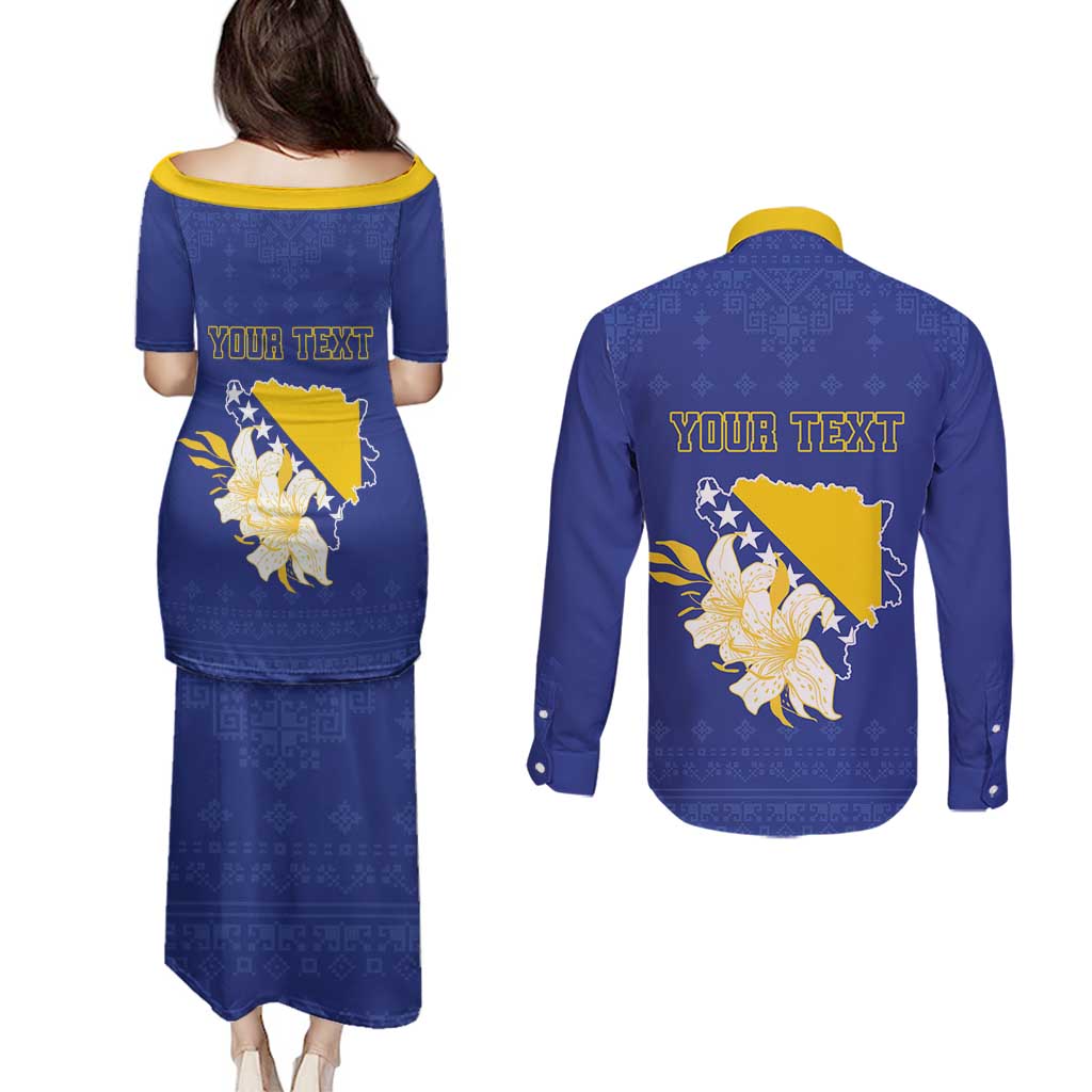 Personalized Bosnia and Herzegovina Independence Day Couples Matching Puletasi and Long Sleeve Button Shirt Golden Eagle With Lilium Bosniacum