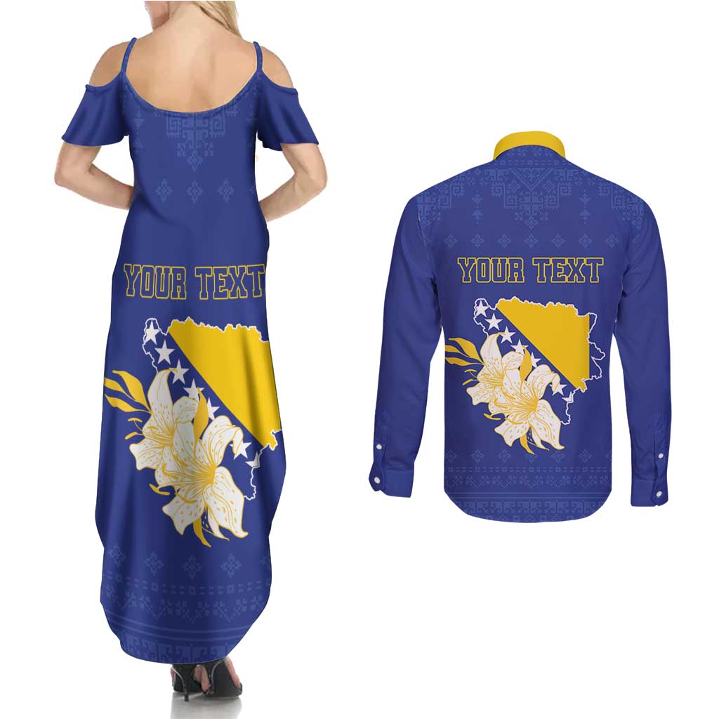 Personalized Bosnia and Herzegovina Independence Day Couples Matching Summer Maxi Dress and Long Sleeve Button Shirt Golden Eagle With Lilium Bosniacum