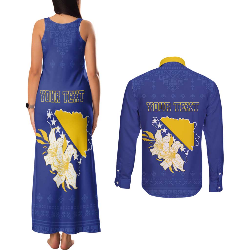 Personalized Bosnia and Herzegovina Independence Day Couples Matching Tank Maxi Dress and Long Sleeve Button Shirt Golden Eagle With Lilium Bosniacum