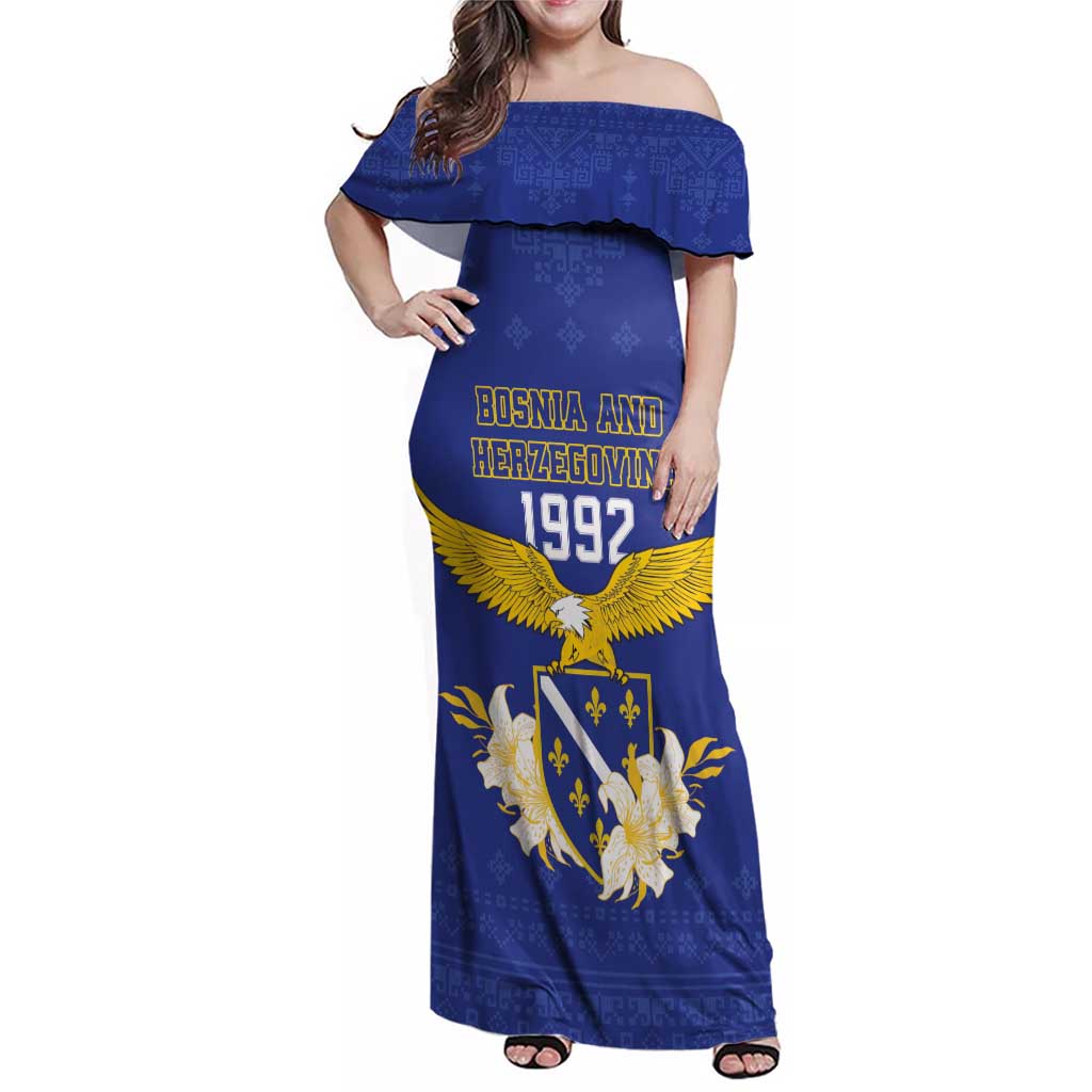 Personalized Bosnia and Herzegovina Independence Day Family Matching Off Shoulder Maxi Dress and Hawaiian Shirt Golden Eagle With Lilium Bosniacum