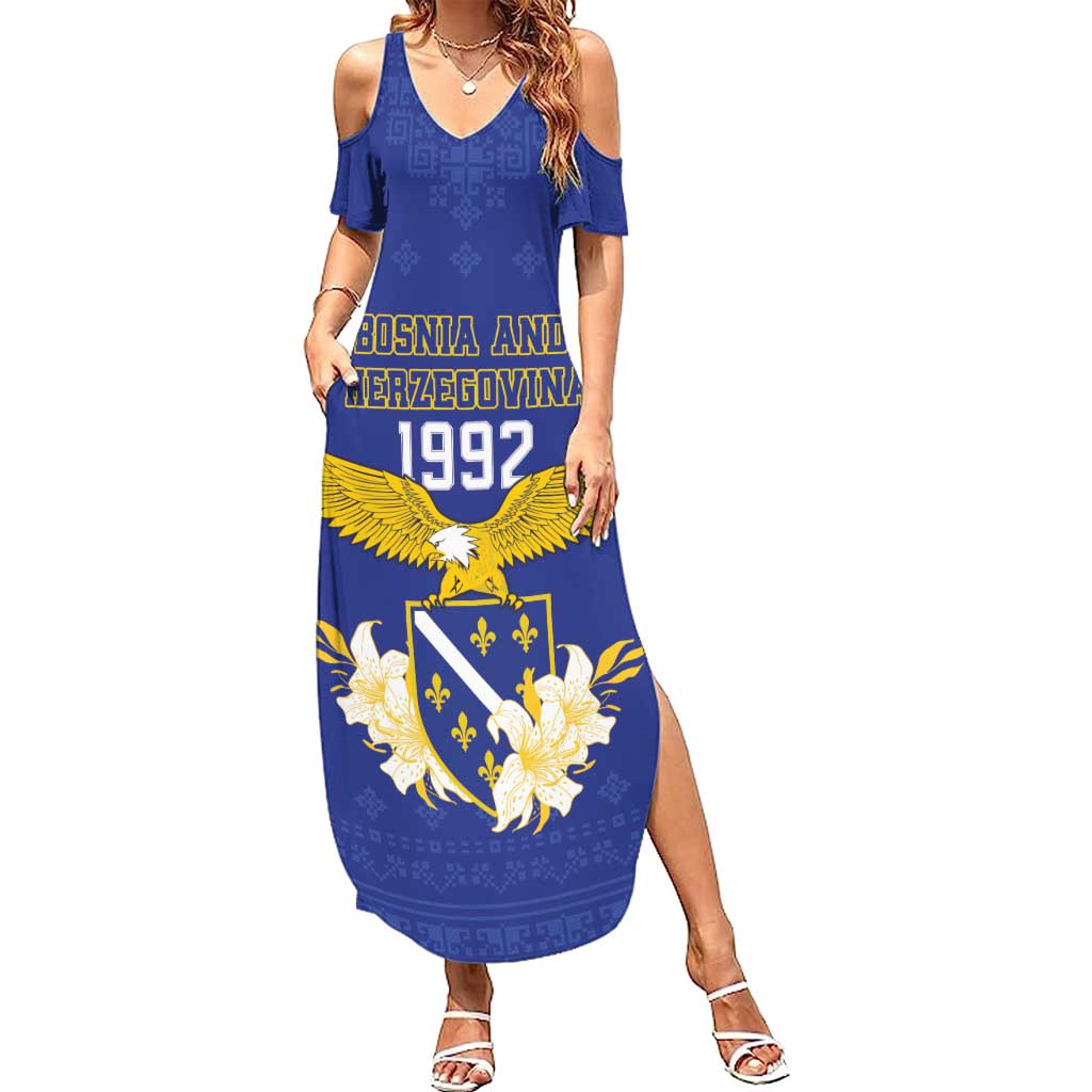 Personalized Bosnia and Herzegovina Independence Day Family Matching Summer Maxi Dress and Hawaiian Shirt Golden Eagle With Lilium Bosniacum