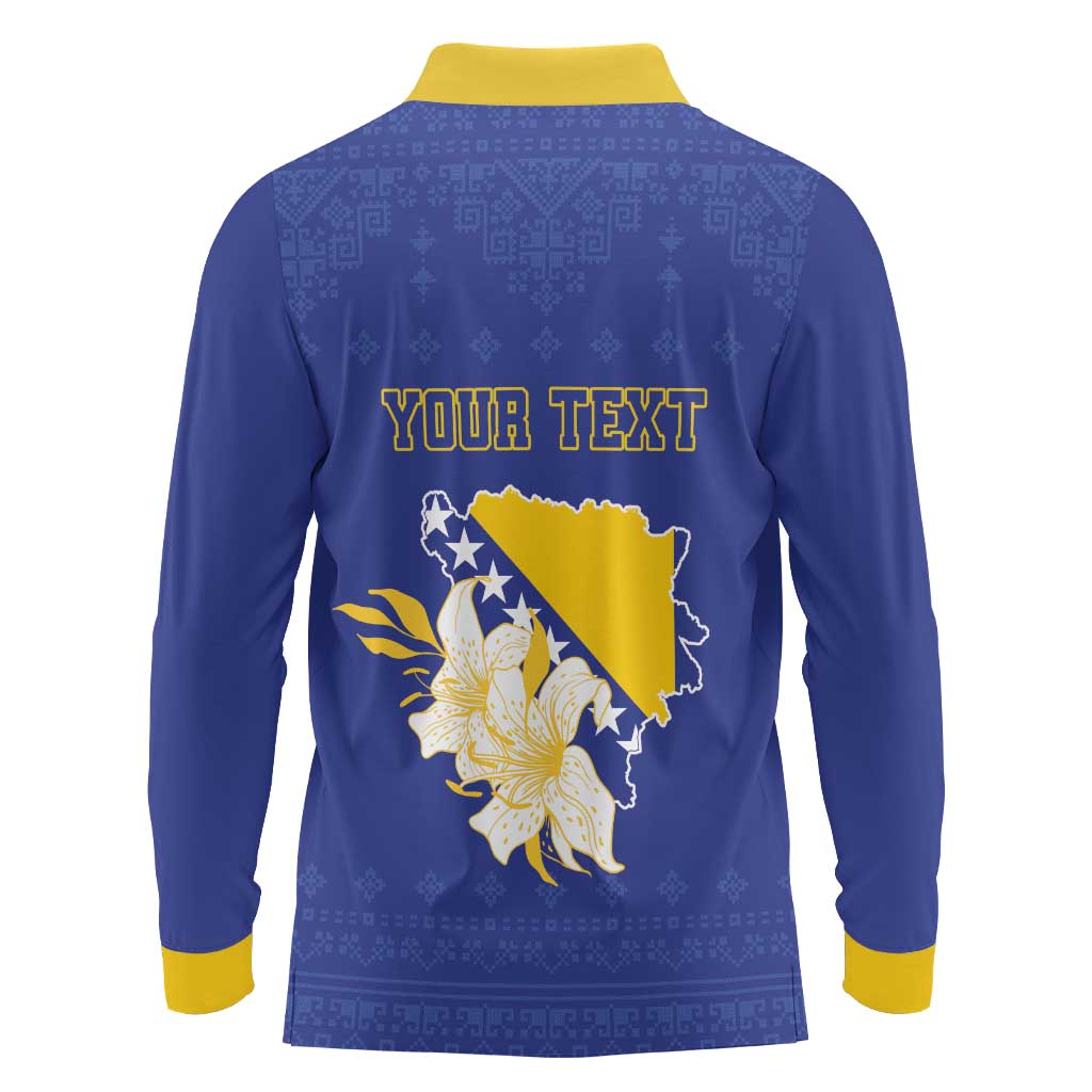Personalized Bosnia and Herzegovina Independence Day Long Sleeve Polo Shirt Golden Eagle With Lilium Bosniacum - Wonder Print Shop