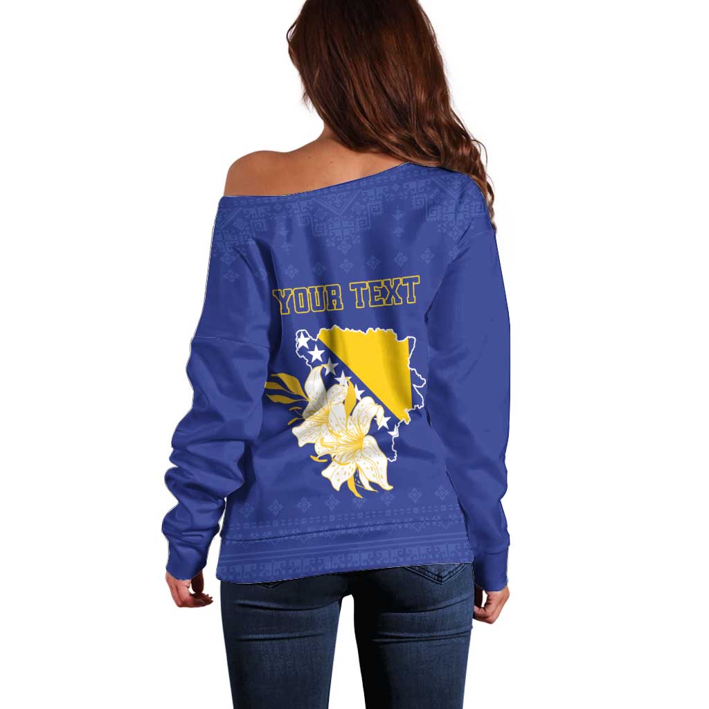 Personalized Bosnia and Herzegovina Independence Day Off Shoulder Sweater Golden Eagle With Lilium Bosniacum - Wonder Print Shop