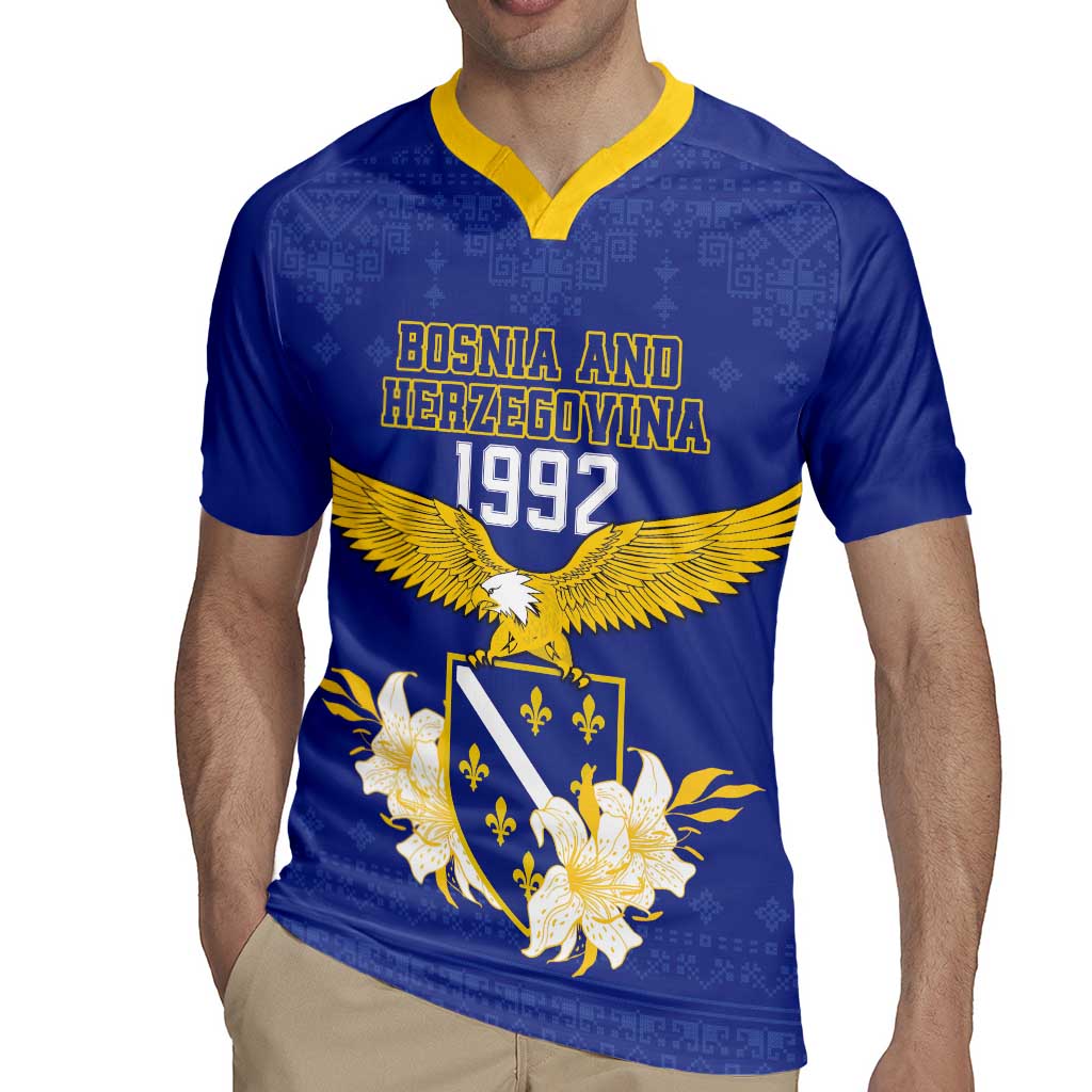 Personalized Bosnia and Herzegovina Independence Day Rugby Jersey Golden Eagle With Lilium Bosniacum - Wonder Print Shop