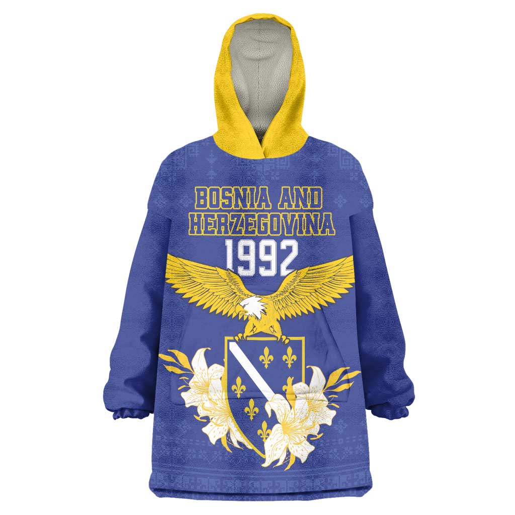 Personalized Bosnia and Herzegovina Independence Day Wearable Blanket Hoodie Golden Eagle With Lilium Bosniacum - Wonder Print Shop