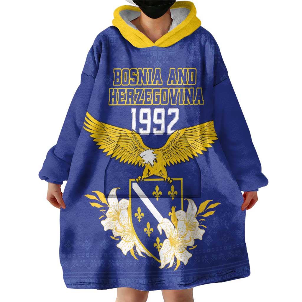 Personalized Bosnia and Herzegovina Independence Day Wearable Blanket Hoodie Golden Eagle With Lilium Bosniacum - Wonder Print Shop