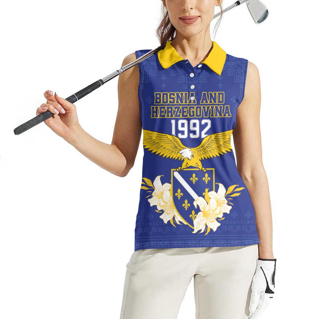 Personalized Bosnia and Herzegovina Independence Day Women Sleeveless Polo Shirt Golden Eagle With Lilium Bosniacum - Wonder Print Shop