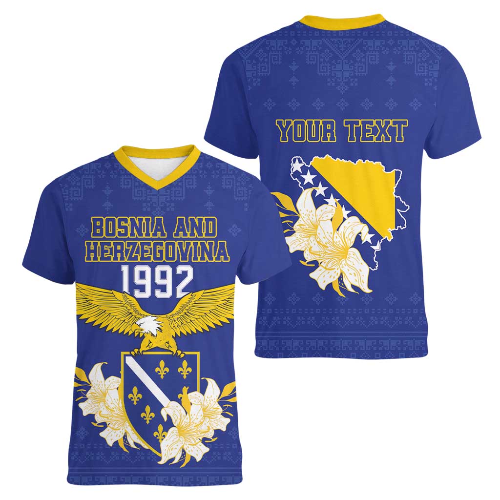 Personalized Bosnia and Herzegovina Independence Day Women V-Neck T-Shirt Golden Eagle With Lilium Bosniacum - Wonder Print Shop