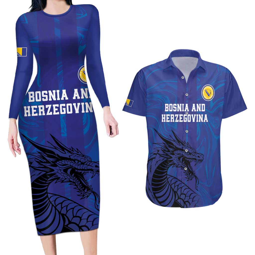 Custom Bosnia and Herzegovina Football Couples Matching Long Sleeve Bodycon Dress and Hawaiian Shirt The Dragons Go Champions