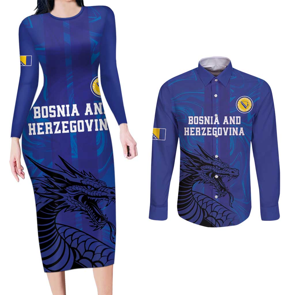 Custom Bosnia and Herzegovina Football Couples Matching Long Sleeve Bodycon Dress and Long Sleeve Button Shirt The Dragons Go Champions