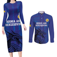 Custom Bosnia and Herzegovina Football Couples Matching Long Sleeve Bodycon Dress and Long Sleeve Button Shirt The Dragons Go Champions