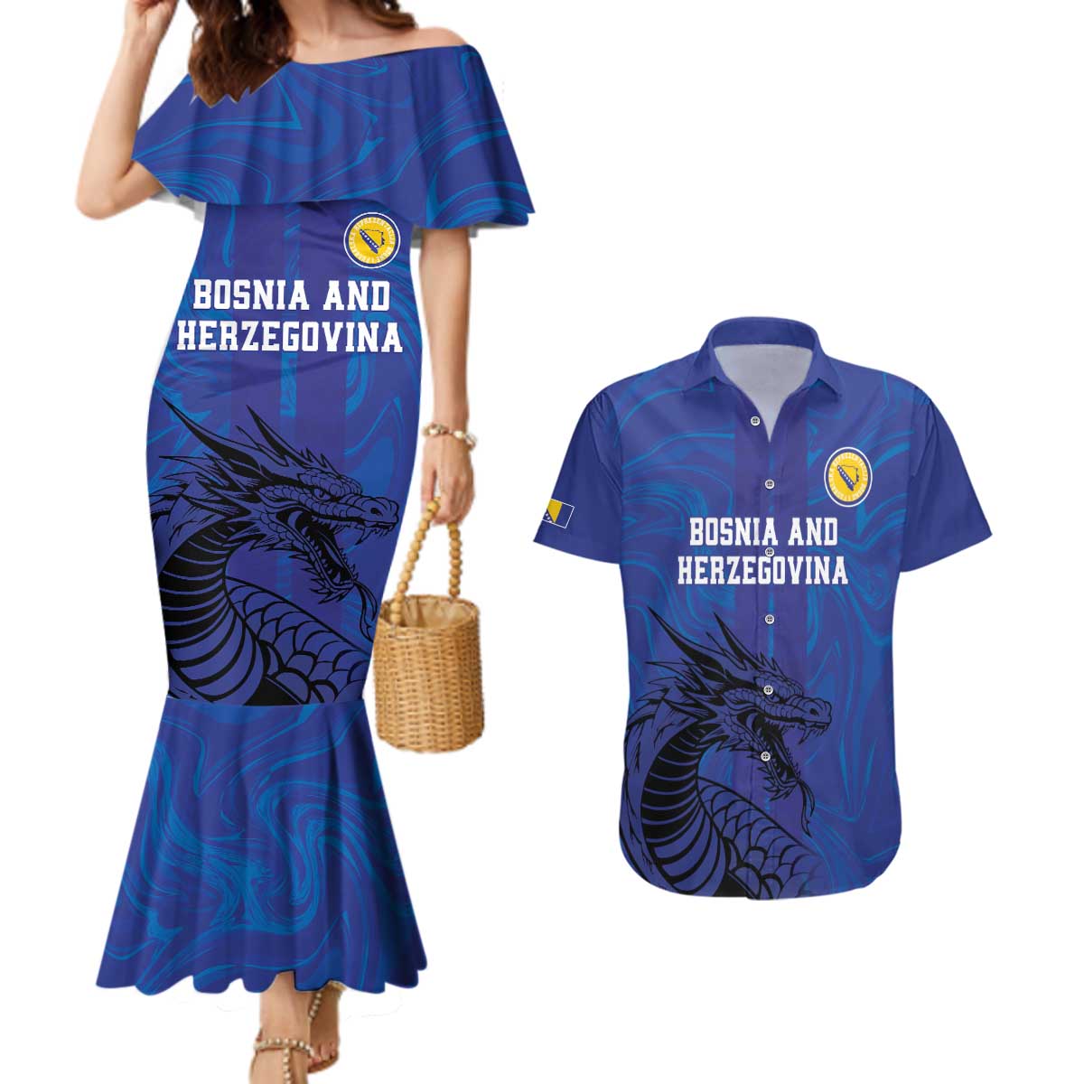 Custom Bosnia and Herzegovina Football Couples Matching Mermaid Dress and Hawaiian Shirt The Dragons Go Champions