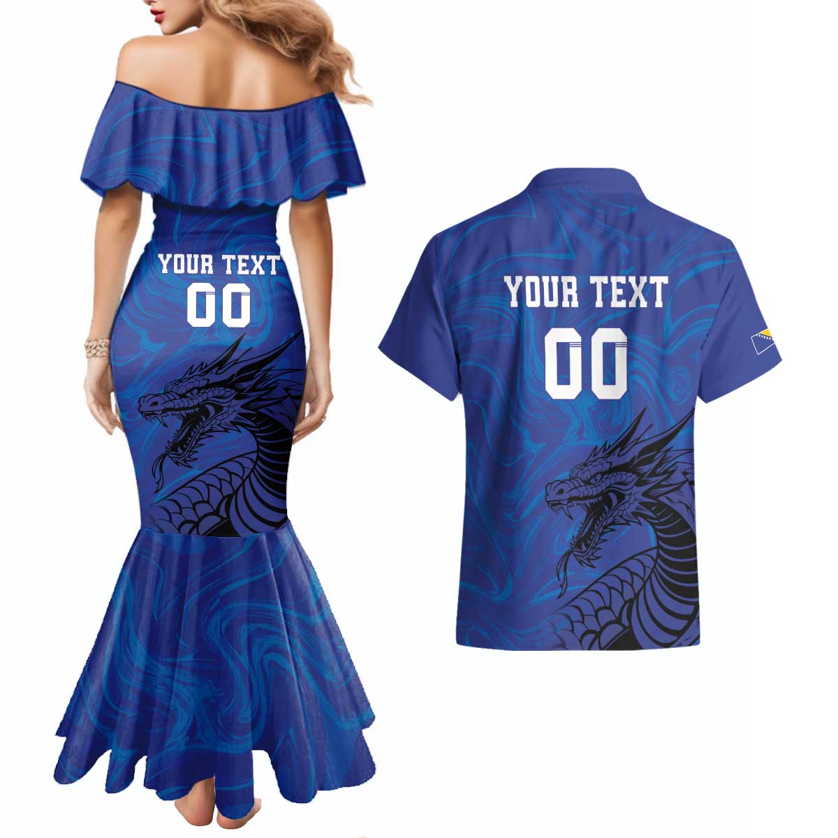 Custom Bosnia and Herzegovina Football Couples Matching Mermaid Dress and Hawaiian Shirt The Dragons Go Champions
