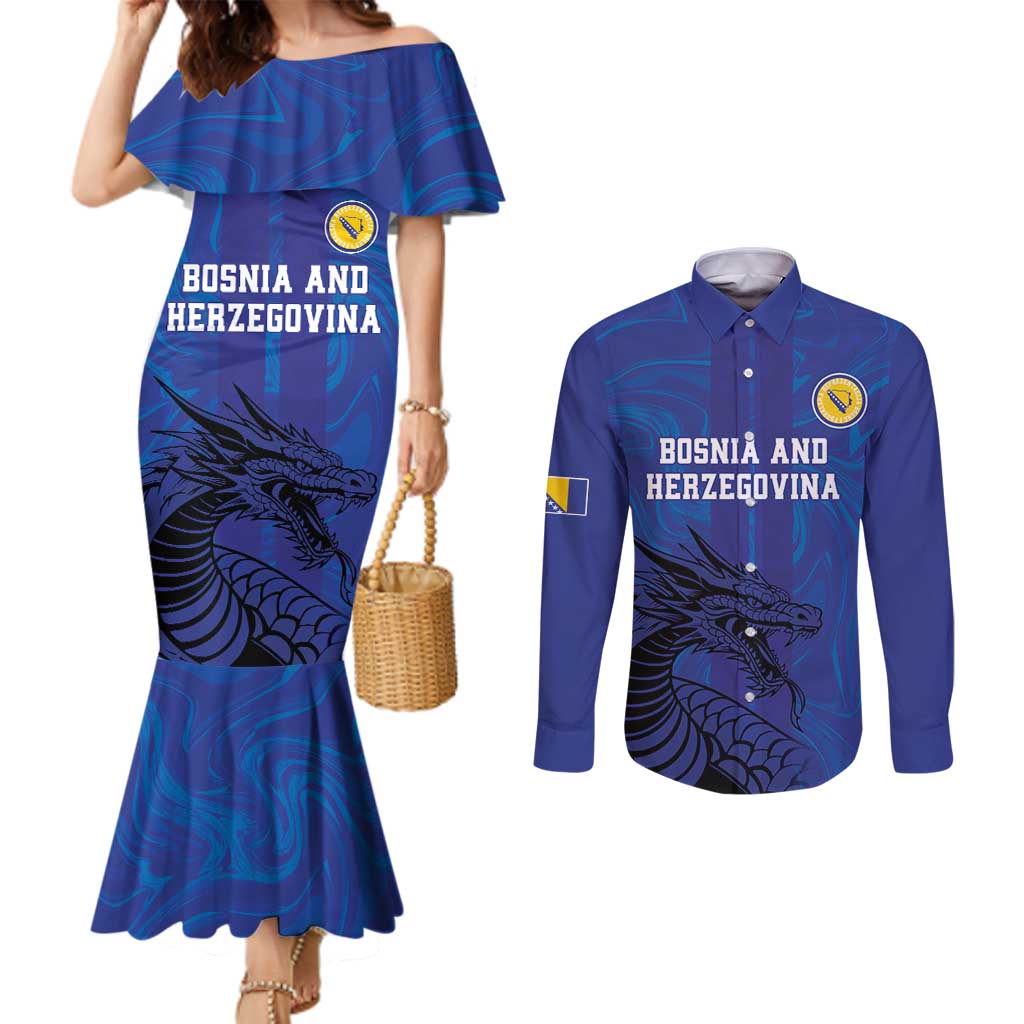 Custom Bosnia and Herzegovina Football Couples Matching Mermaid Dress and Long Sleeve Button Shirt The Dragons Go Champions