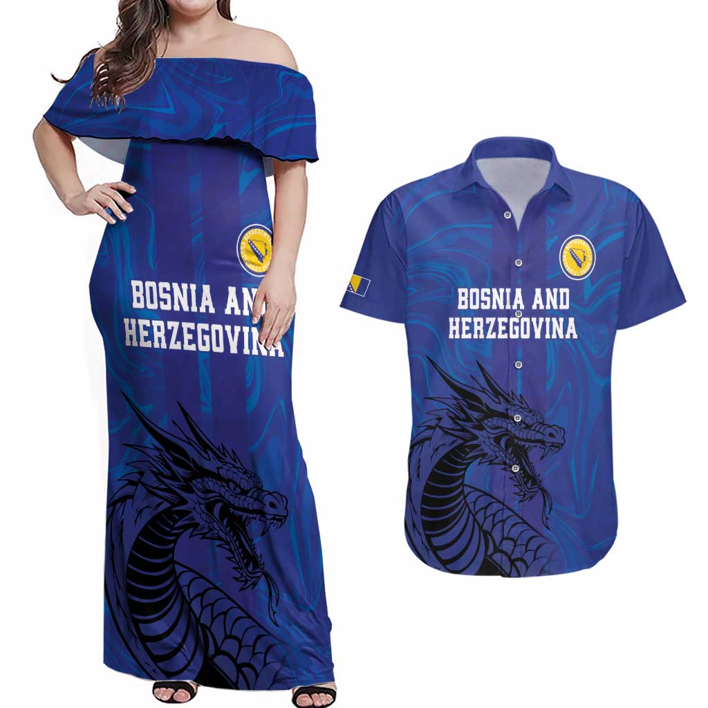 Custom Bosnia and Herzegovina Football Couples Matching Off Shoulder Maxi Dress and Hawaiian Shirt The Dragons Go Champions