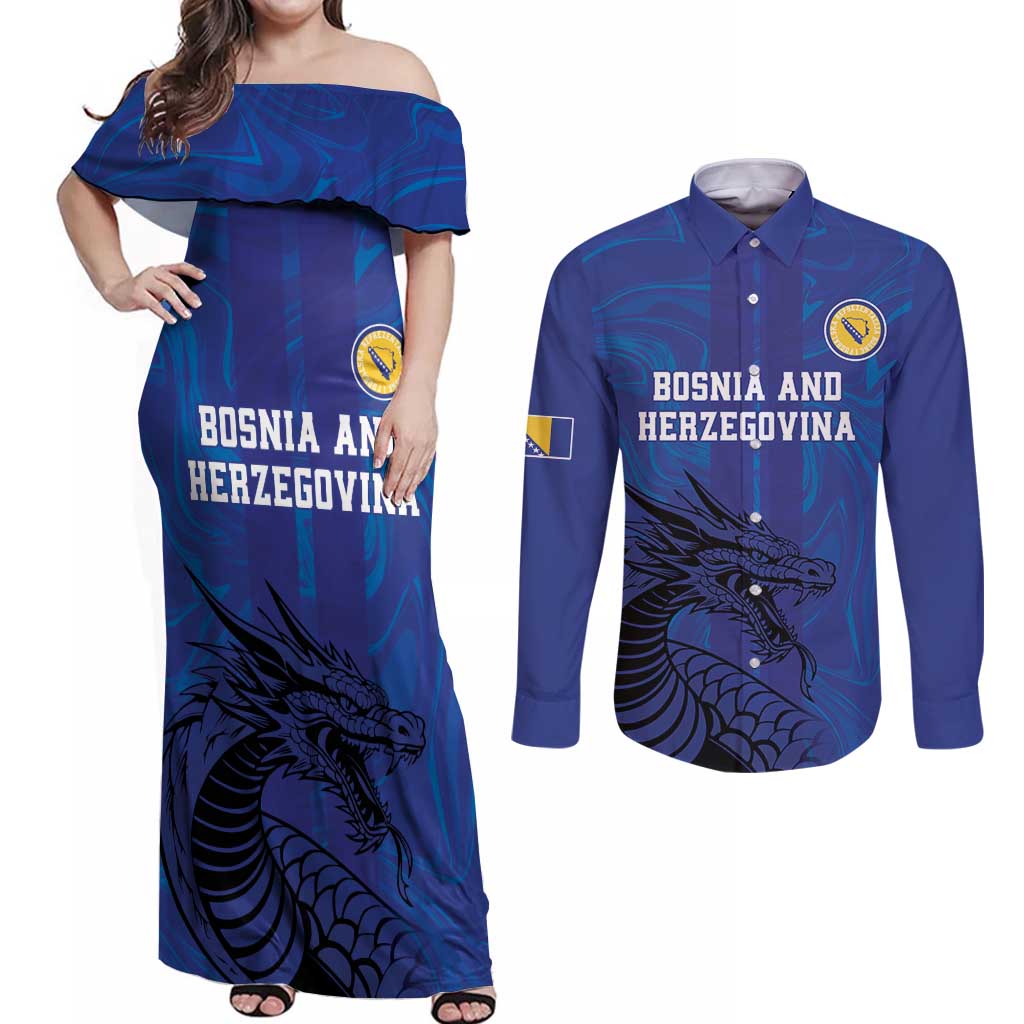 Custom Bosnia and Herzegovina Football Couples Matching Off Shoulder Maxi Dress and Long Sleeve Button Shirt The Dragons Go Champions