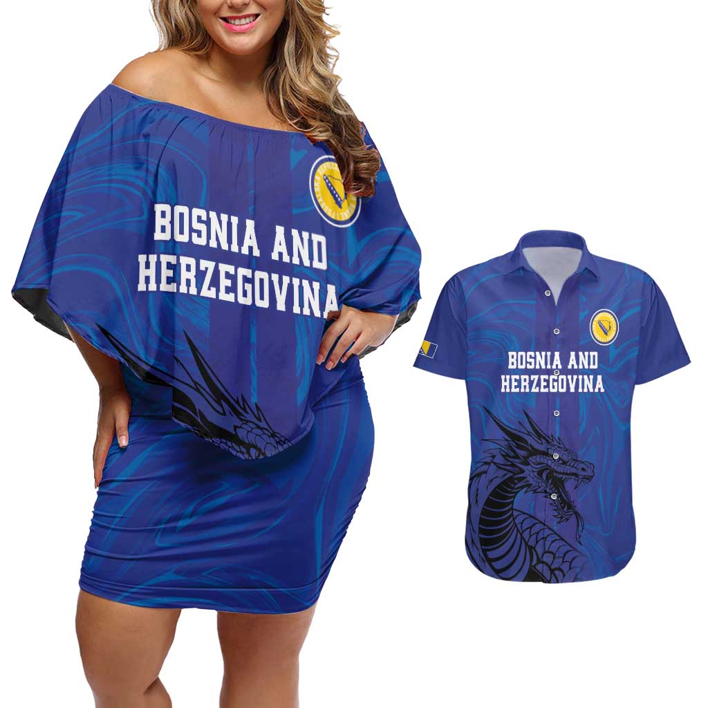 Custom Bosnia and Herzegovina Football Couples Matching Off Shoulder Short Dress and Hawaiian Shirt The Dragons Go Champions