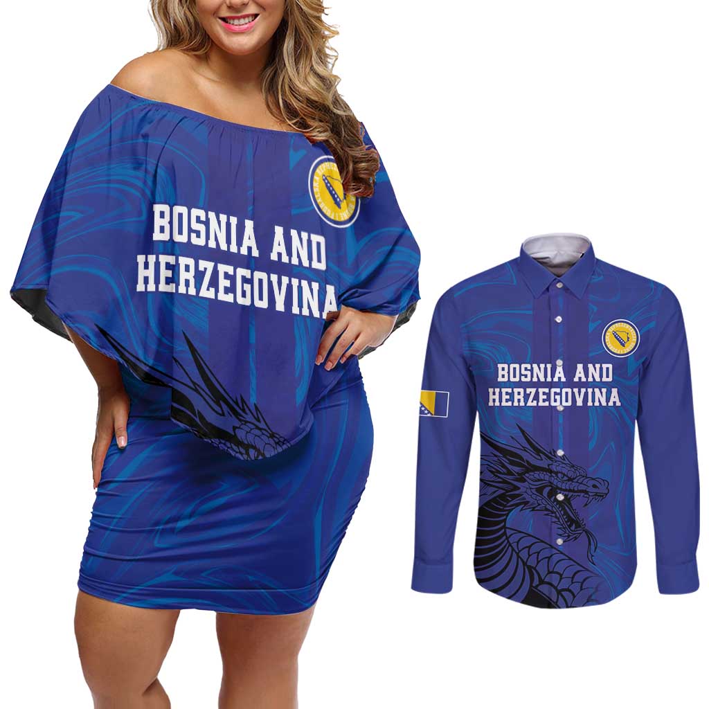Custom Bosnia and Herzegovina Football Couples Matching Off Shoulder Short Dress and Long Sleeve Button Shirt The Dragons Go Champions