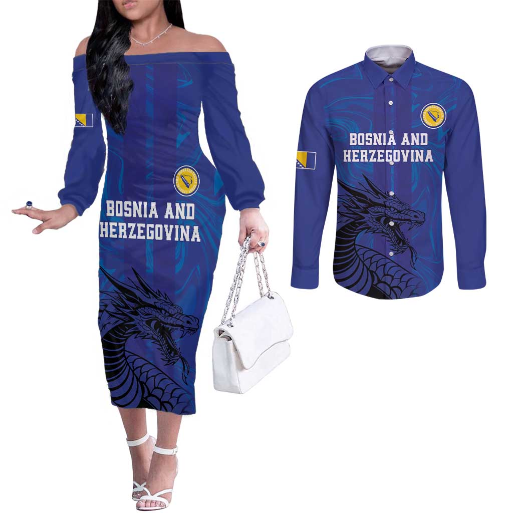 Custom Bosnia and Herzegovina Football Couples Matching Off The Shoulder Long Sleeve Dress and Long Sleeve Button Shirt The Dragons Go Champions