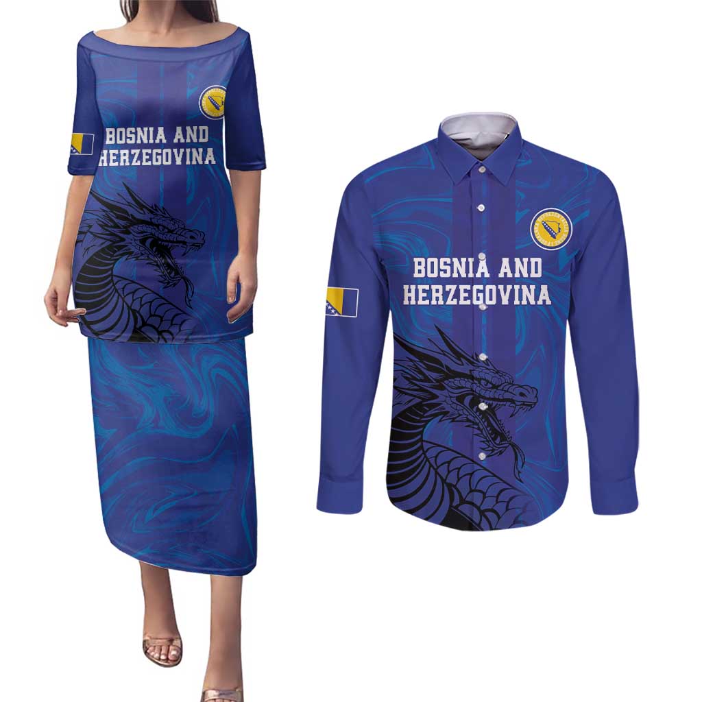 Custom Bosnia and Herzegovina Football Couples Matching Puletasi and Long Sleeve Button Shirt The Dragons Go Champions