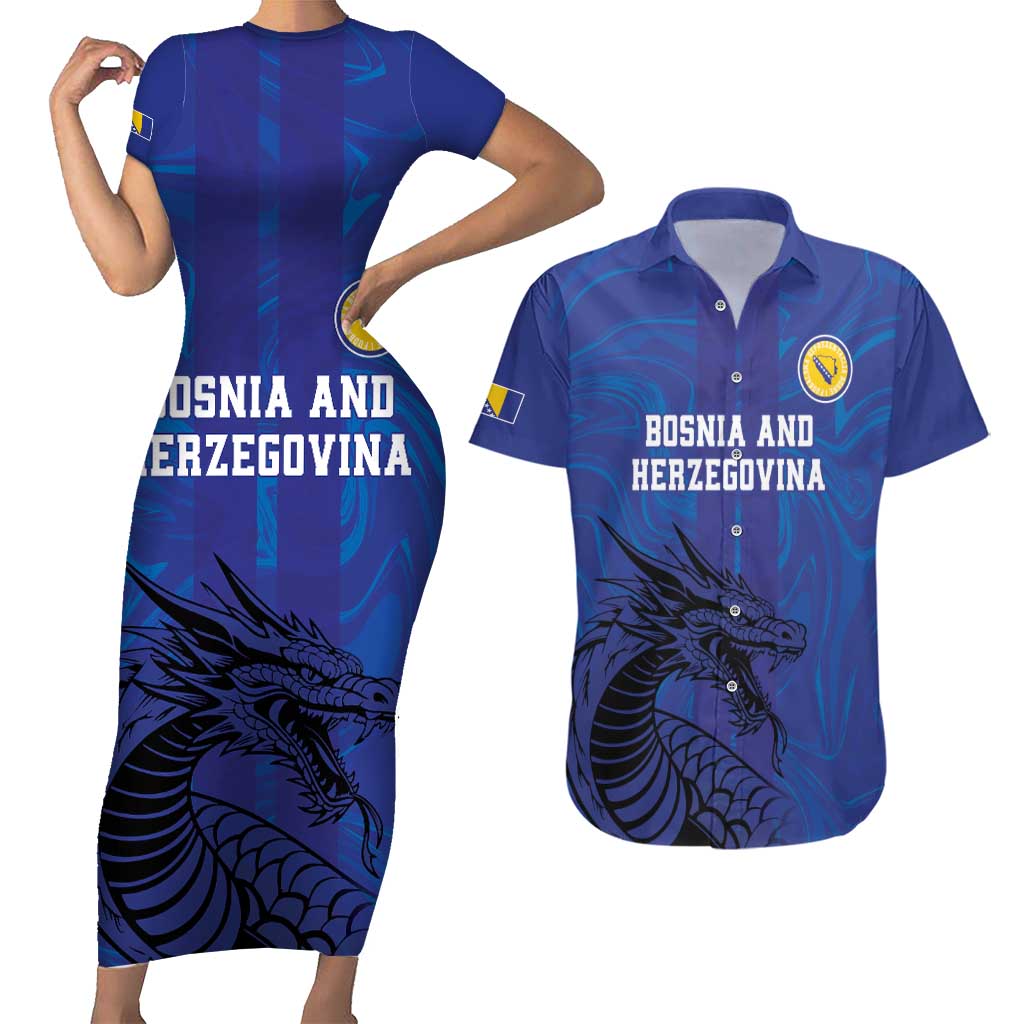 Custom Bosnia and Herzegovina Football Couples Matching Short Sleeve Bodycon Dress and Hawaiian Shirt The Dragons Go Champions