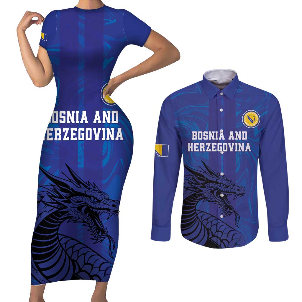 Custom Bosnia and Herzegovina Football Couples Matching Short Sleeve Bodycon Dress and Long Sleeve Button Shirt The Dragons Go Champions
