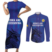 Custom Bosnia and Herzegovina Football Couples Matching Short Sleeve Bodycon Dress and Long Sleeve Button Shirt The Dragons Go Champions