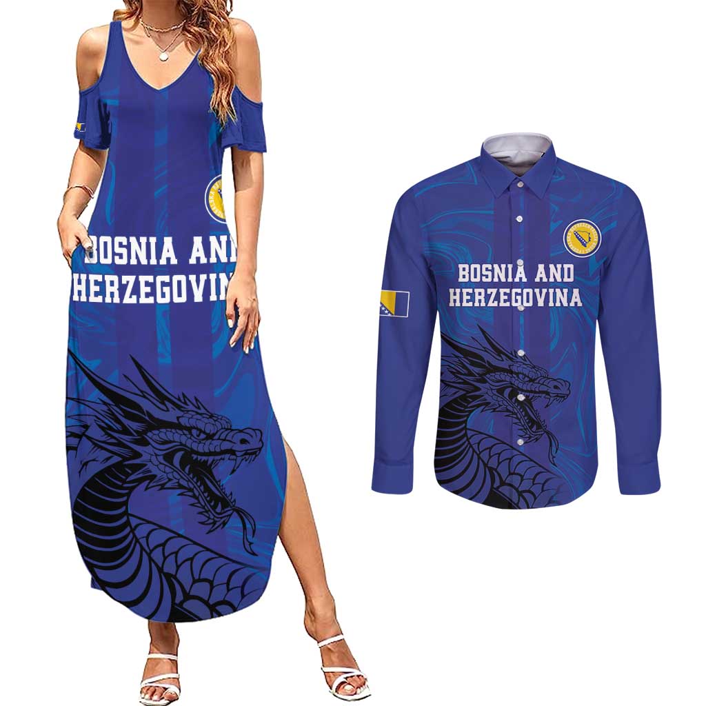 Custom Bosnia and Herzegovina Football Couples Matching Summer Maxi Dress and Long Sleeve Button Shirt The Dragons Go Champions