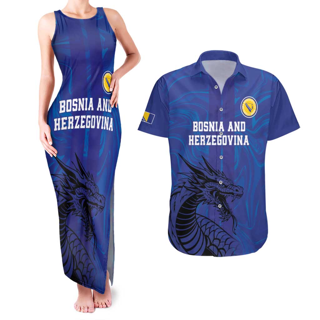 Custom Bosnia and Herzegovina Football Couples Matching Tank Maxi Dress and Hawaiian Shirt The Dragons Go Champions