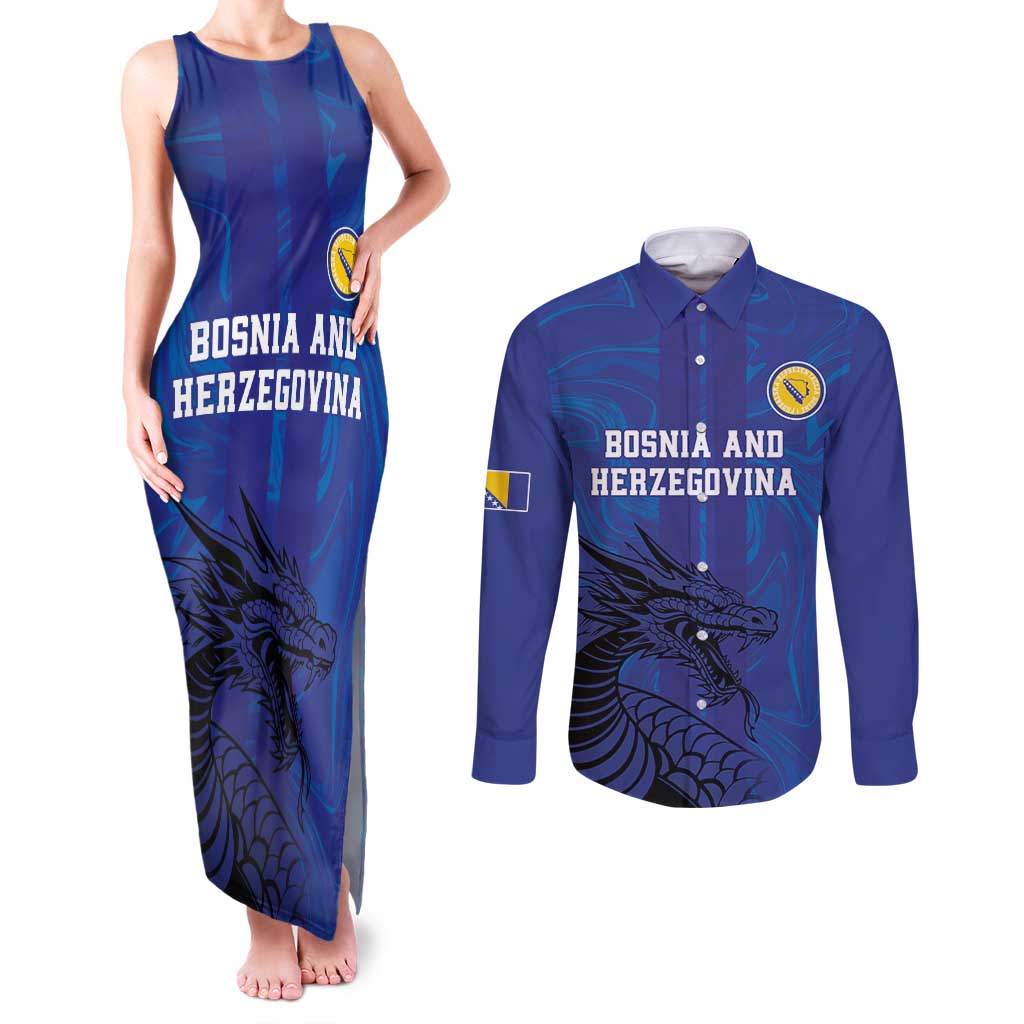 Custom Bosnia and Herzegovina Football Couples Matching Tank Maxi Dress and Long Sleeve Button Shirt The Dragons Go Champions