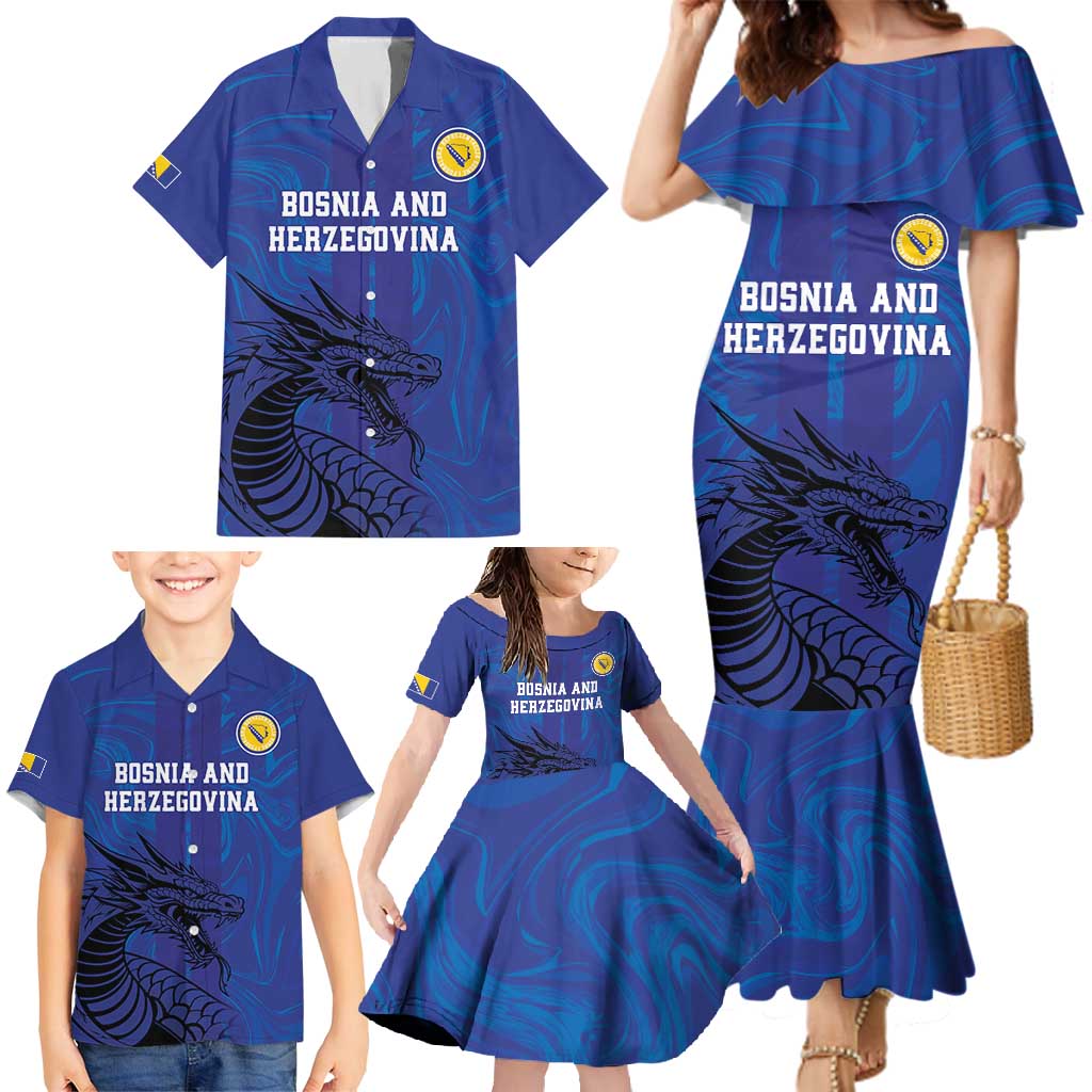 Custom Bosnia and Herzegovina Football Family Matching Mermaid Dress and Hawaiian Shirt The Dragons Go Champions
