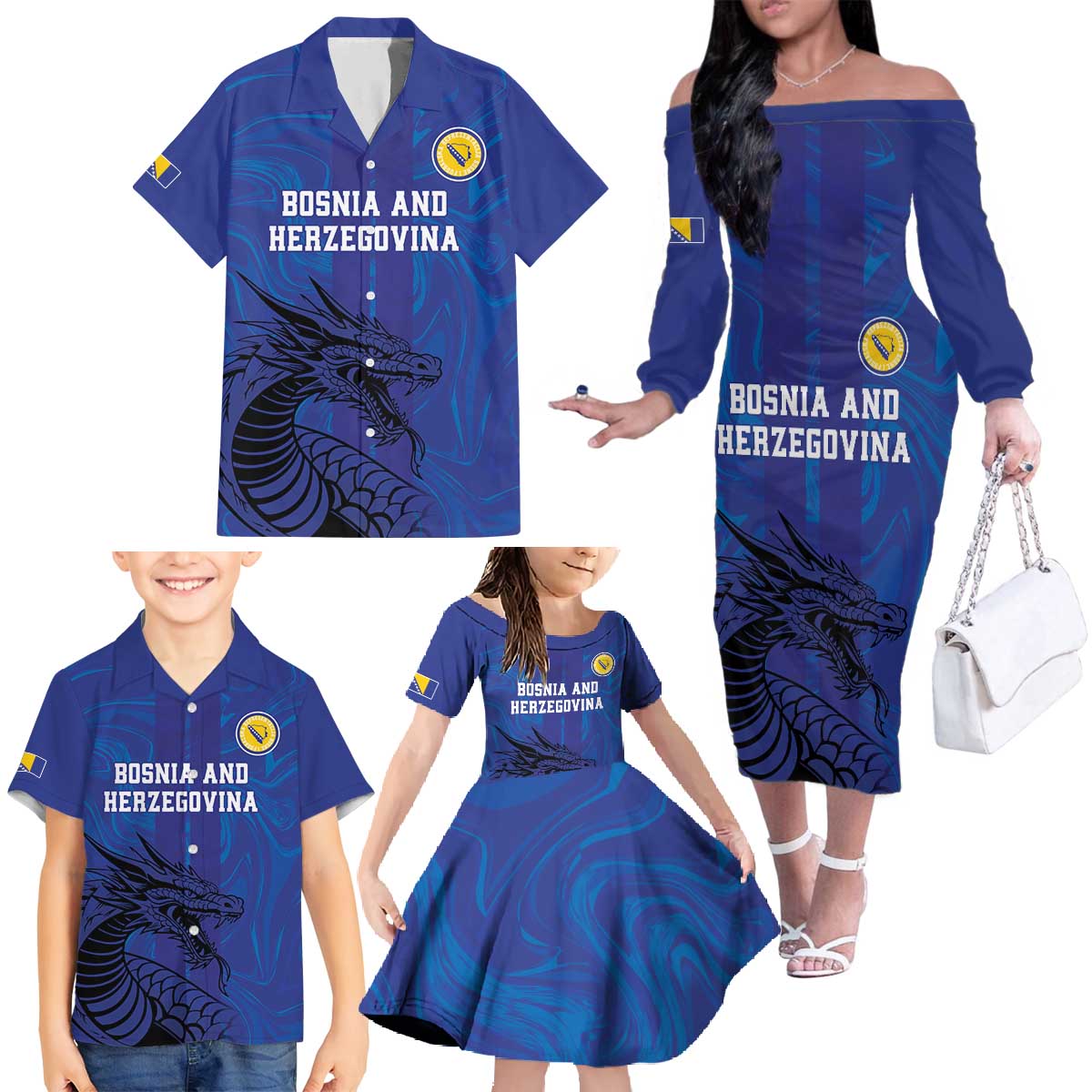 Custom Bosnia and Herzegovina Football Family Matching Off The Shoulder Long Sleeve Dress and Hawaiian Shirt The Dragons Go Champions