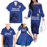 Custom Bosnia and Herzegovina Football Family Matching Off The Shoulder Long Sleeve Dress and Hawaiian Shirt The Dragons Go Champions