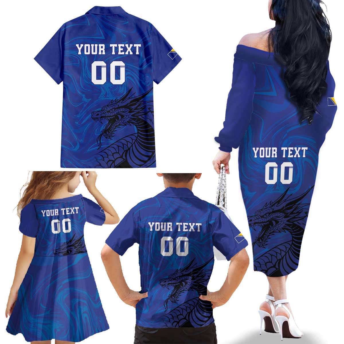 Custom Bosnia and Herzegovina Football Family Matching Off The Shoulder Long Sleeve Dress and Hawaiian Shirt The Dragons Go Champions