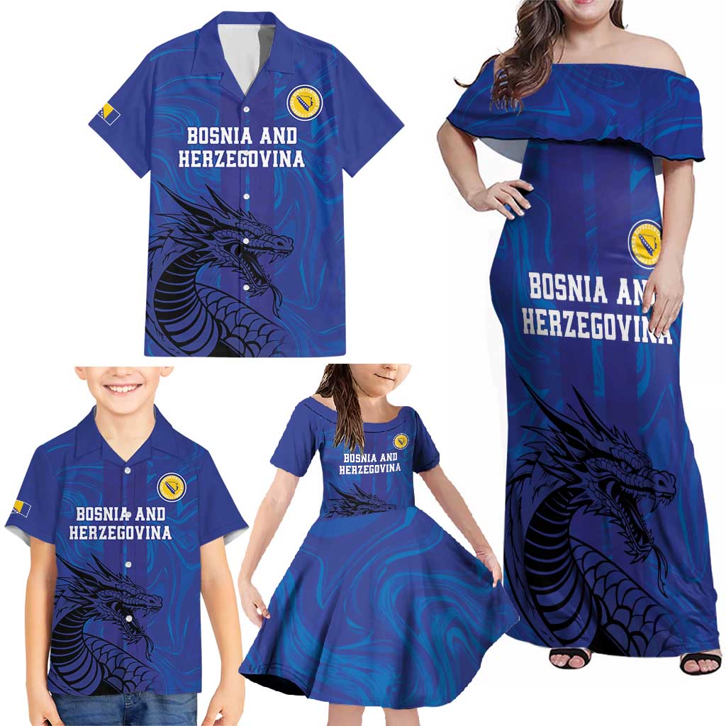 Custom Bosnia and Herzegovina Football Family Matching Off Shoulder Maxi Dress and Hawaiian Shirt The Dragons Go Champions