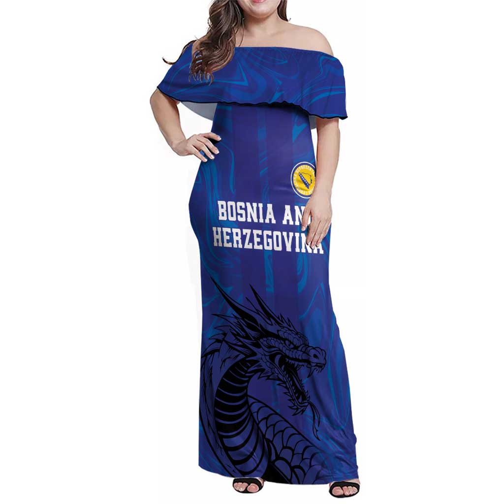 Custom Bosnia and Herzegovina Football Family Matching Off Shoulder Maxi Dress and Hawaiian Shirt The Dragons Go Champions