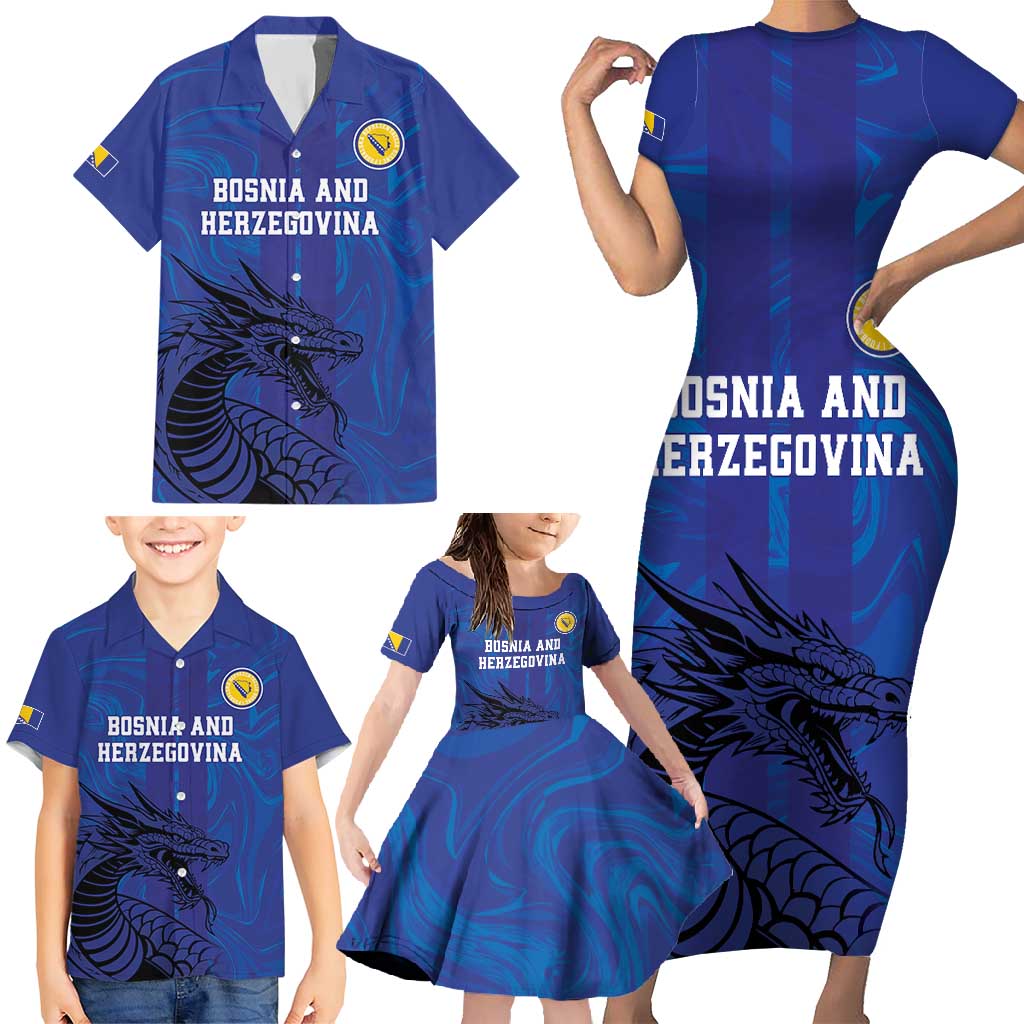 Custom Bosnia and Herzegovina Football Family Matching Short Sleeve Bodycon Dress and Hawaiian Shirt The Dragons Go Champions