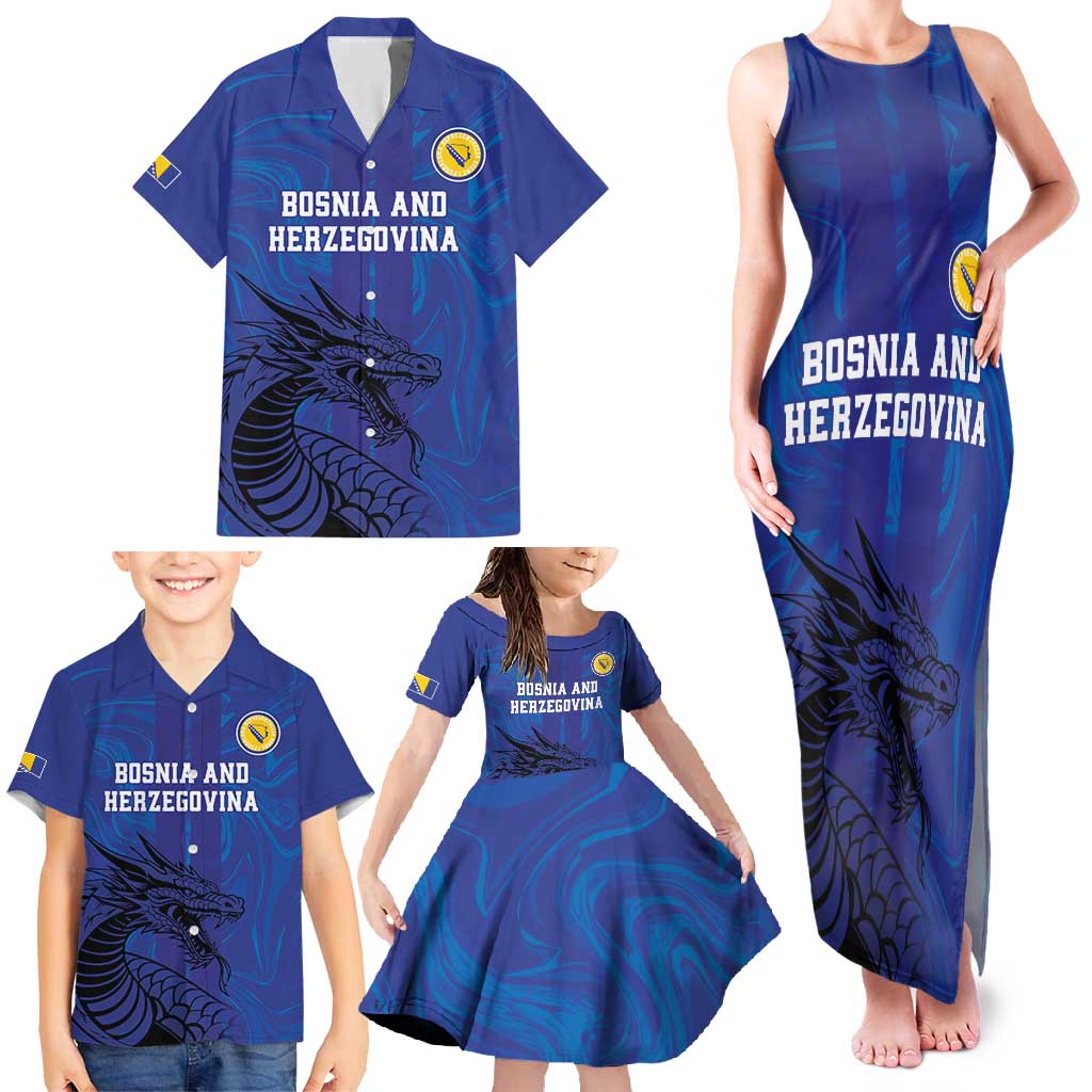 Custom Bosnia and Herzegovina Football Family Matching Tank Maxi Dress and Hawaiian Shirt The Dragons Go Champions