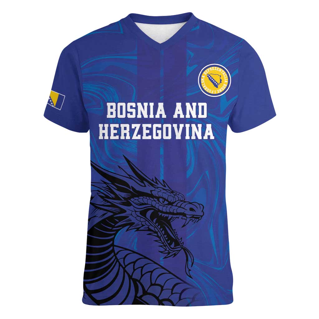 Custom Bosnia and Herzegovina Football Women V-Neck T-Shirt The Dragons Go Champions - Wonder Print Shop