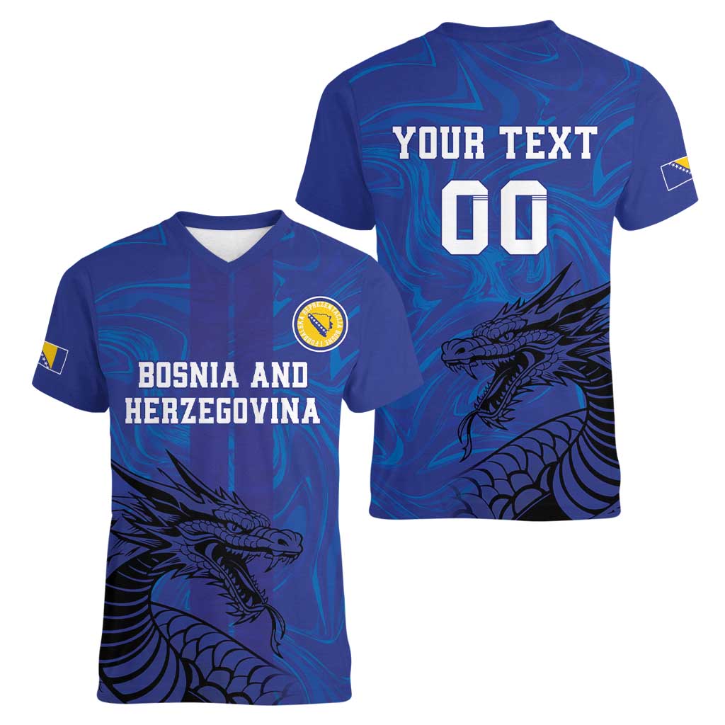 Custom Bosnia and Herzegovina Football Women V-Neck T-Shirt The Dragons Go Champions - Wonder Print Shop