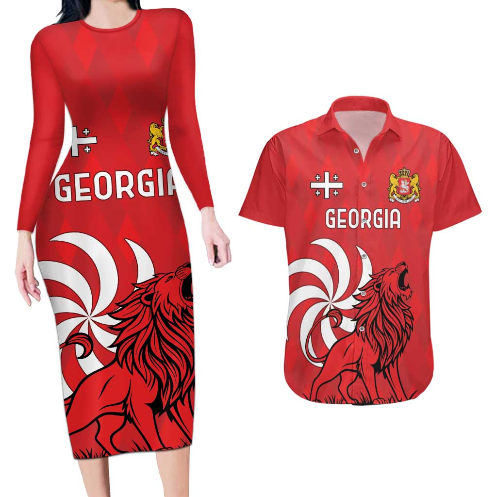 Personalized Georgia Couples Matching Long Sleeve Bodycon Dress and Hawaiian Shirt Lion Borjgali