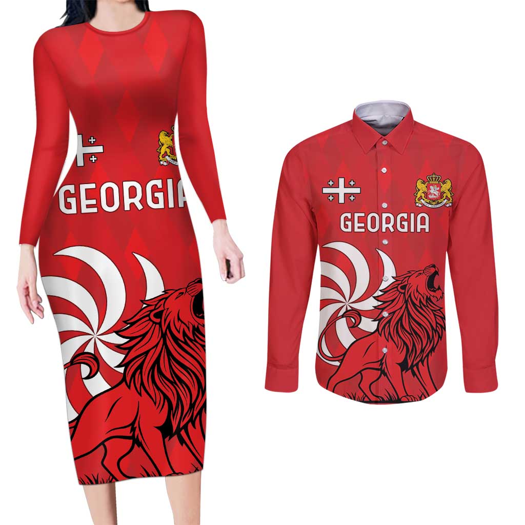 Personalized Georgia Couples Matching Long Sleeve Bodycon Dress and Long Sleeve Button Shirt Lion Borjgali