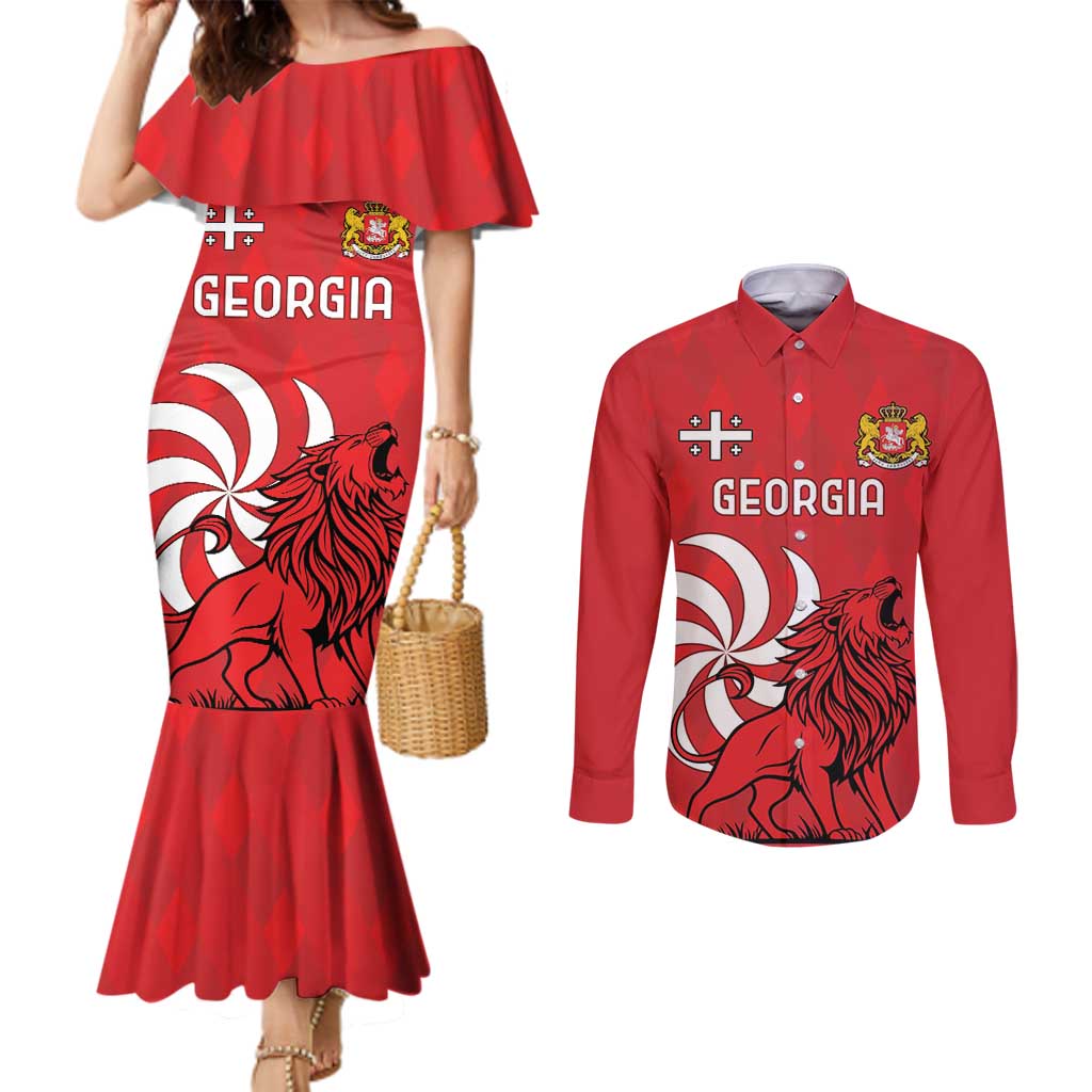 Personalized Georgia Couples Matching Mermaid Dress and Long Sleeve Button Shirt Lion Borjgali