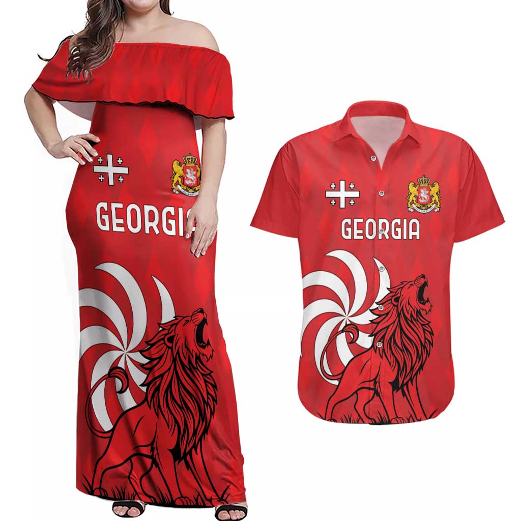 Personalized Georgia Couples Matching Off Shoulder Maxi Dress and Hawaiian Shirt Lion Borjgali