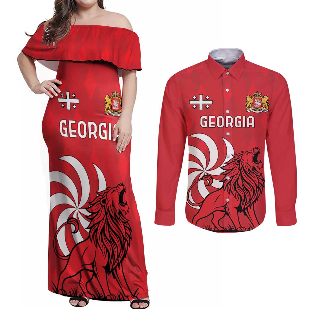 Personalized Georgia Couples Matching Off Shoulder Maxi Dress and Long Sleeve Button Shirt Lion Borjgali